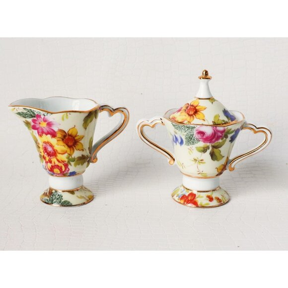 Vintage T Limoges Miniature Cream and Sugar Floral Porcelain - Picture 1 of 8